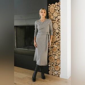 Böhme Wrap Dress Midi Gray Soft Stretch Knit Large V Neck